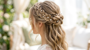 Bride with elegant bridal hair style on wedding morning